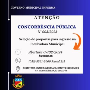 Leia mais sobre o artigo Aberto período de Concorrência Pública para ingresso na Incubadora Municipal de Giruá