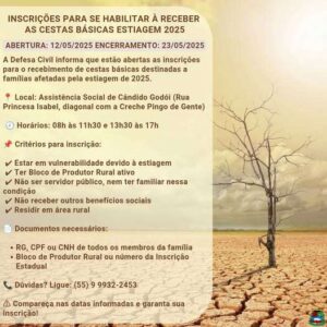 Leia mais sobre o artigo Cândido Godói abre inscrições para entrega de cestas básicas a famílias afetadas pela estiagem de 2025