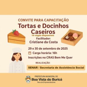 Leia mais sobre o artigo Boa Vista do Buricá abre inscrições para capacitação em tortas e docinhos caseiros 