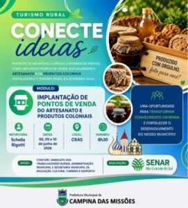 Leia mais sobre o artigo Capacitação sobre implantação de pontos de venda para artesanato e produtos coloniais será realizada em Campina das Missões